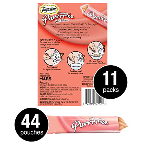 Temptations Creamy Puree Squeezable Lickable Wet Cat Treats with Salmon, 0.42 oz. Tubes, 4 Count, Pack of 11 (44 Total)