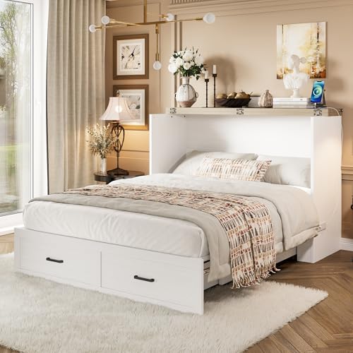 Ball & Cast Murphy Bed Queen Size,Hideaway Wall Cabinet Bed with Charging Station and 1 Large Storage Drawer,Multi-Functional Foldable Platform Beds Frame,can be Folded,for Apartment,Bedroom,White