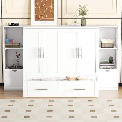 Queen Size Murphy Wall Bed With Storage and Bookcase Headboard, Solid Wood Cabinets, Shelves, Drawers and USB Ports, Multi-Function Platform for Home Office, Guest Room - White