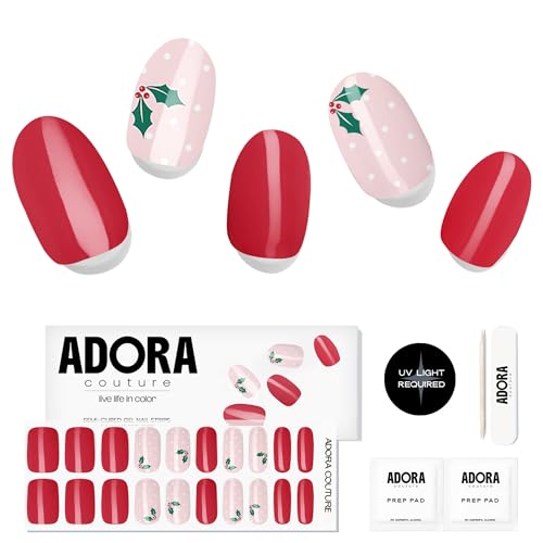 Semi-Cured Gel Nail Strips - 20 Salon-Quality Gel Sticker with UV Light Required, Long Lasting, Easy Application & Removal, Includes Prep Pad, Nail File, Wooden Stick (Merry Mistletoe)