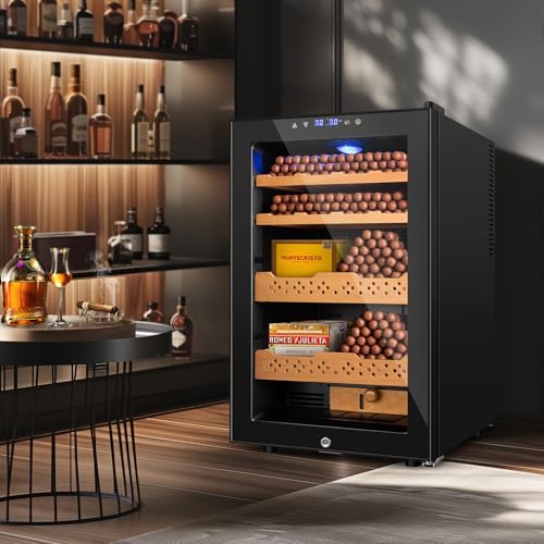 Electric Humidor, 70L 400 Counts Large Capacity,Thermostatic Cooling Humidor Cabinet with Smart Humidity & Temp Control, Spanish Cedar Wood Shelves, Safety Lock, Father's Day Gift for Men