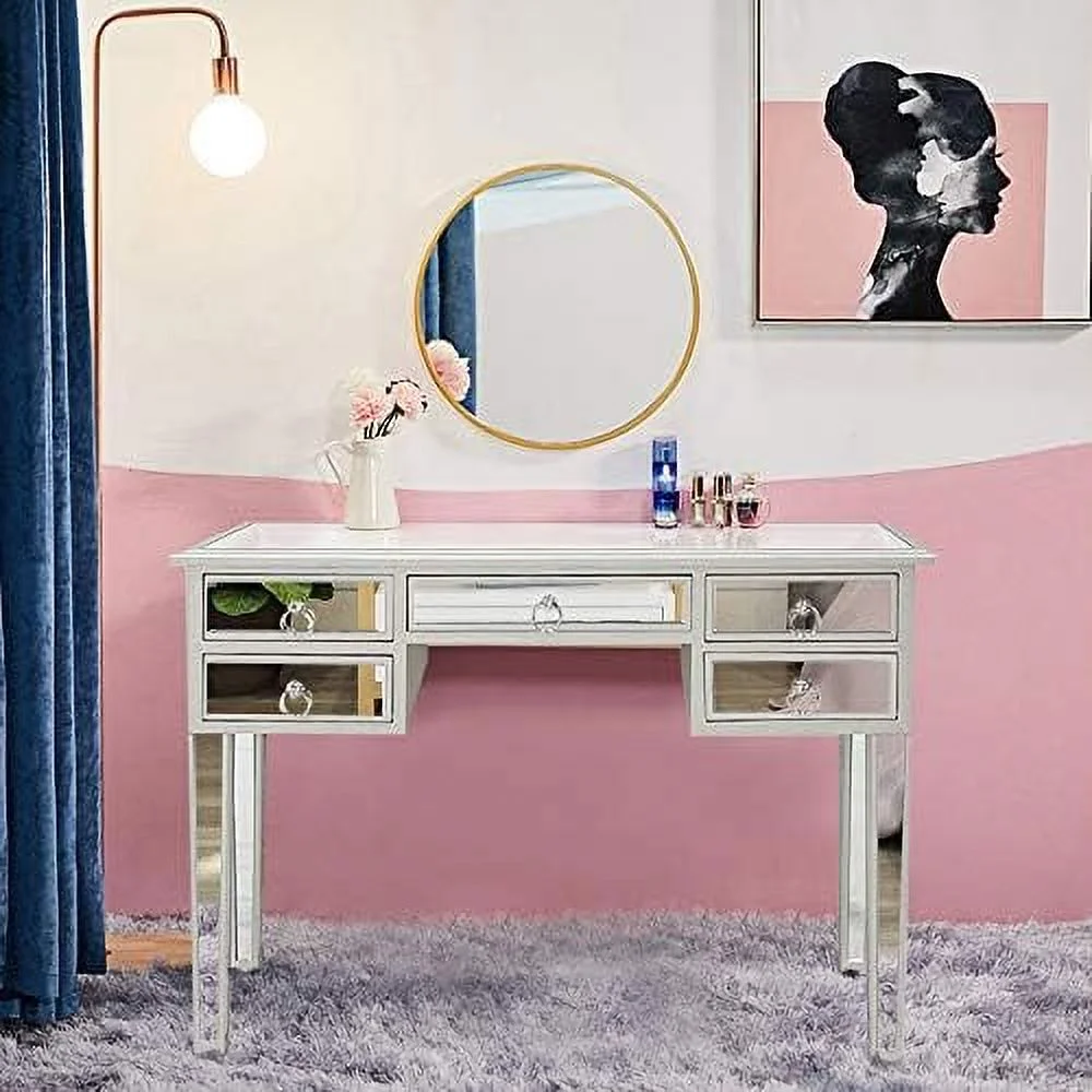TJUNBOLIFE Mirrored Makeup Desk Vanity Dressing Table with 5 Drawers  Modern Glass Entryway Console Table Writing Desk