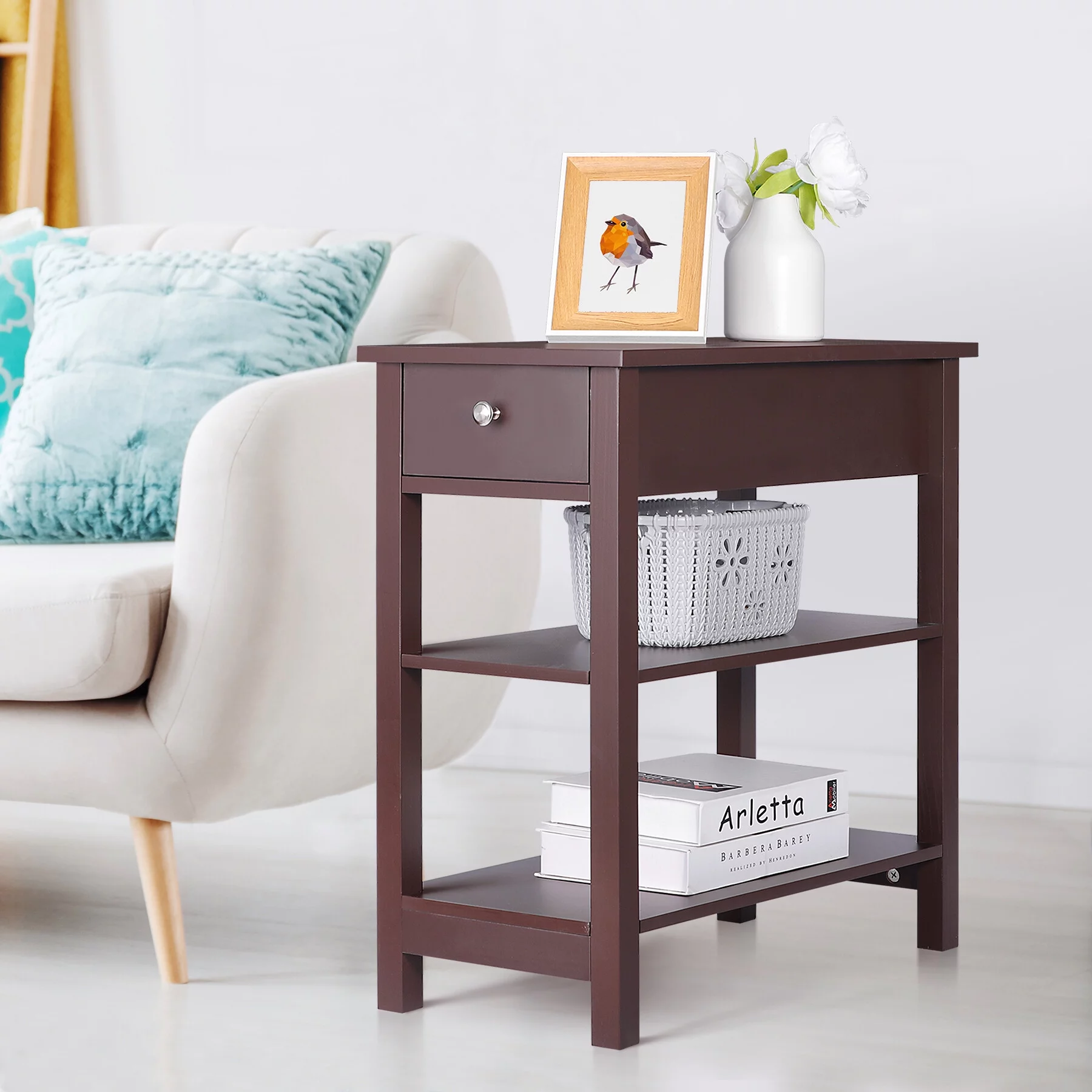 HomGarden 2 Pack 3-Tier Small End Table Modern Narrow MDF Sofa Side Table W/Drawer & Storage Shelf, Espresso