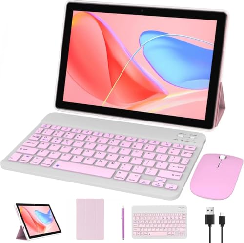 Tablet 10 Inch Android Tablet, 2 in 1 Tablets, Include Keyboard Mouse Case Stylus, 64GB ROM+8GB RAM 1TB expandable 2MP+8MP Dual cameras, 5G WIFI-6 Bluetooth 6000mAh Battery 10.1