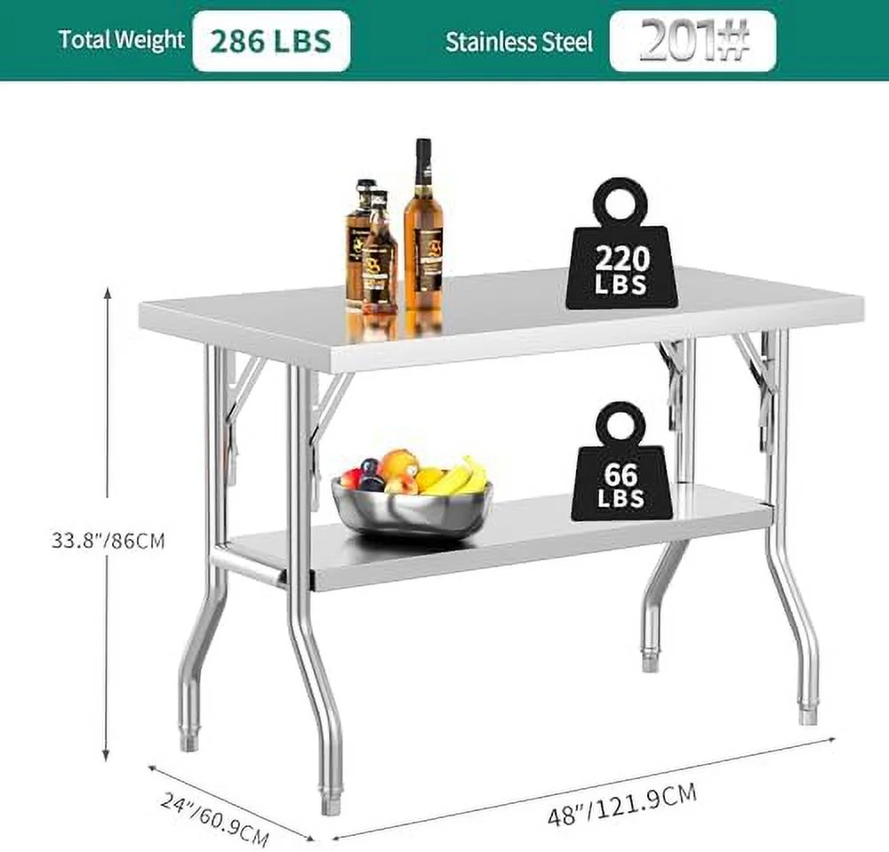 KHBIULIFE Stainless Steel Folding Table  48" X 24" Folding Prep Table  NSF Foldable Stainless Steel Table for Home Kitchen Restaurant Garage Warehouse