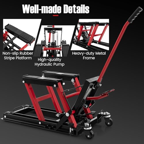 Hydraulic Motorcycle Lift Jack, 1500 LBS Motorcycle Scissor Jack with 4 Wheels & Handle, Foot-Operated Scissor Lift Jack Stand for ATV & Dirt Bikes (Red)