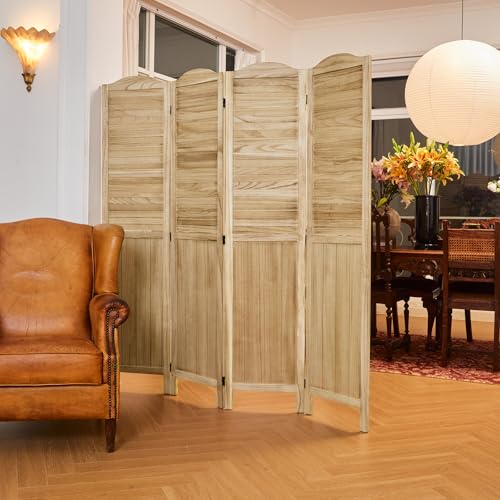 Room Partitions and Dividers, Temporary Wall with Double Hinges, 5.6 Ft Tall Folding Louver Wood Screen for Home Office Bedroom Hotel Decoration (4 Panels, Wood Color)