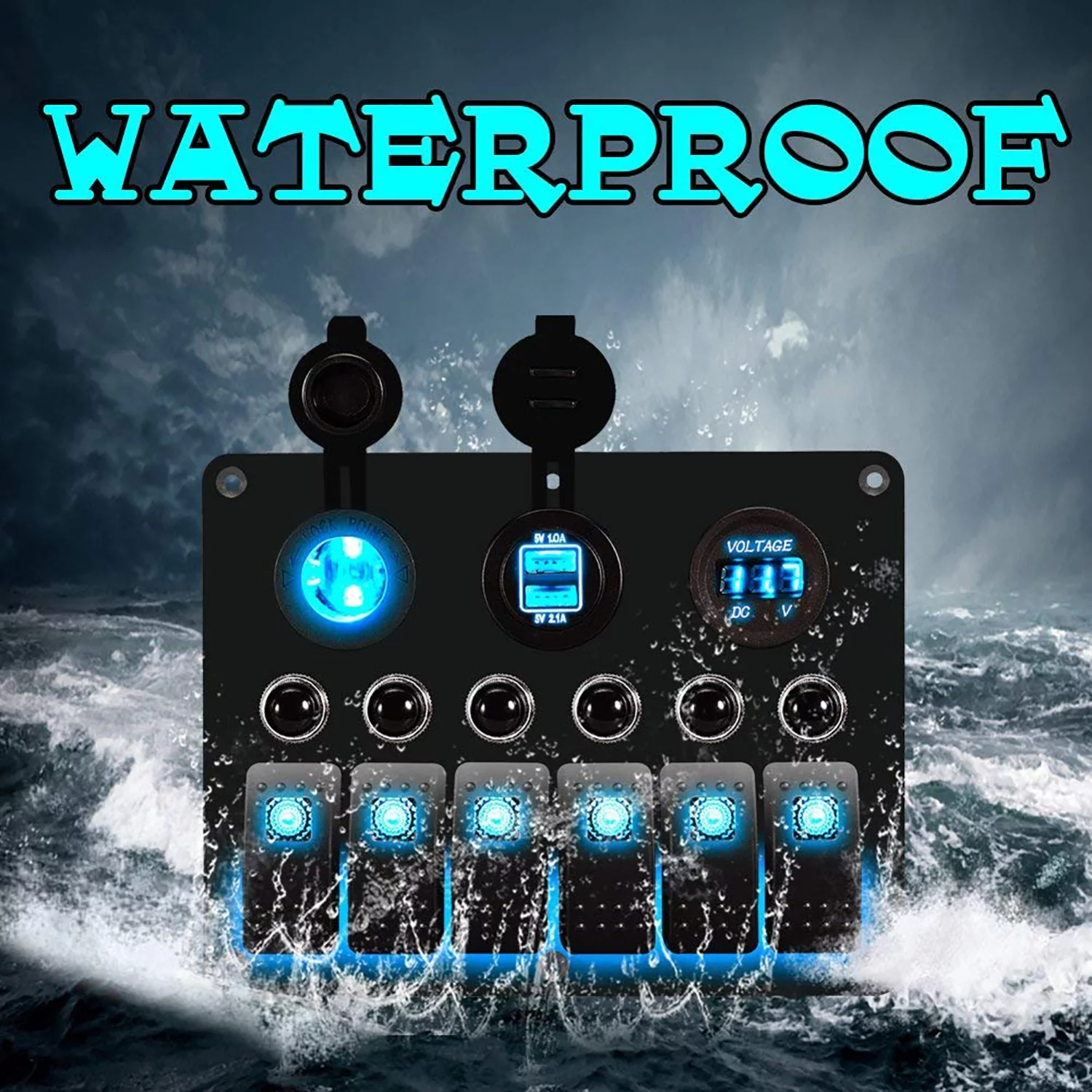 6 Gang Circuit LED Car Marine Boat Rocker Switch Panel Dual USB Waterproof Power Socket Breaker Voltmeter Overload Protection -Blue