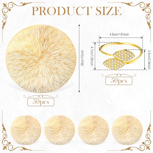 100 Set Gold Round Placemats and Napkin Rings Bulk 15 Inch Dinner Placemats Leaves Napkin Rings Metallic Round Place Mats Sequin Table Mats for Wedding Kitchen Leaf Dining Table Decoration
