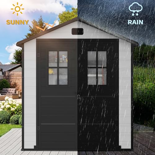 DWVO 6x4.4 FT Resin Storage Shed with Fence-Style and Side Windows, Lockable Door, and Vents for Garden, Backyard, Patio, Lawn, Brown