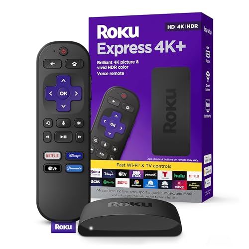 Roku Express 4K+ | Roku Streaming Device 4K/HDR with Voice Remote, Free & Live TV