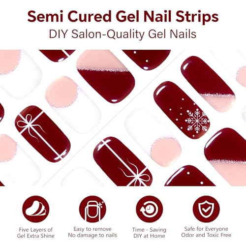 Semi Cured Gel Nail Strips-Easy Apply Christmas Gel Nail Stickers Holiday Semi Cured Manicure Strips with Sparkling Xmas Designs (Classic Yule)