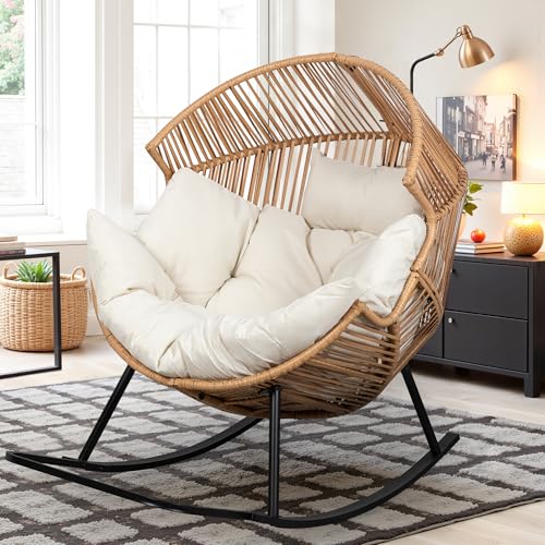 Vongrasig Wicker Rocking Egg Chair PE Rattan with Cushion, Oversized Patio Lounge Rocker Chair for Outdoor, Indoor, Balcony, Backyard, Garden, Beige