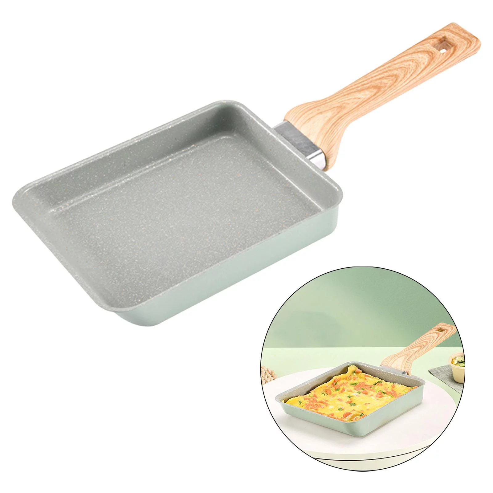 Japanese Omelette Scratch Bottom Non Stick Coating Rectangle Steak Skillet Handle Egg Tops , Green