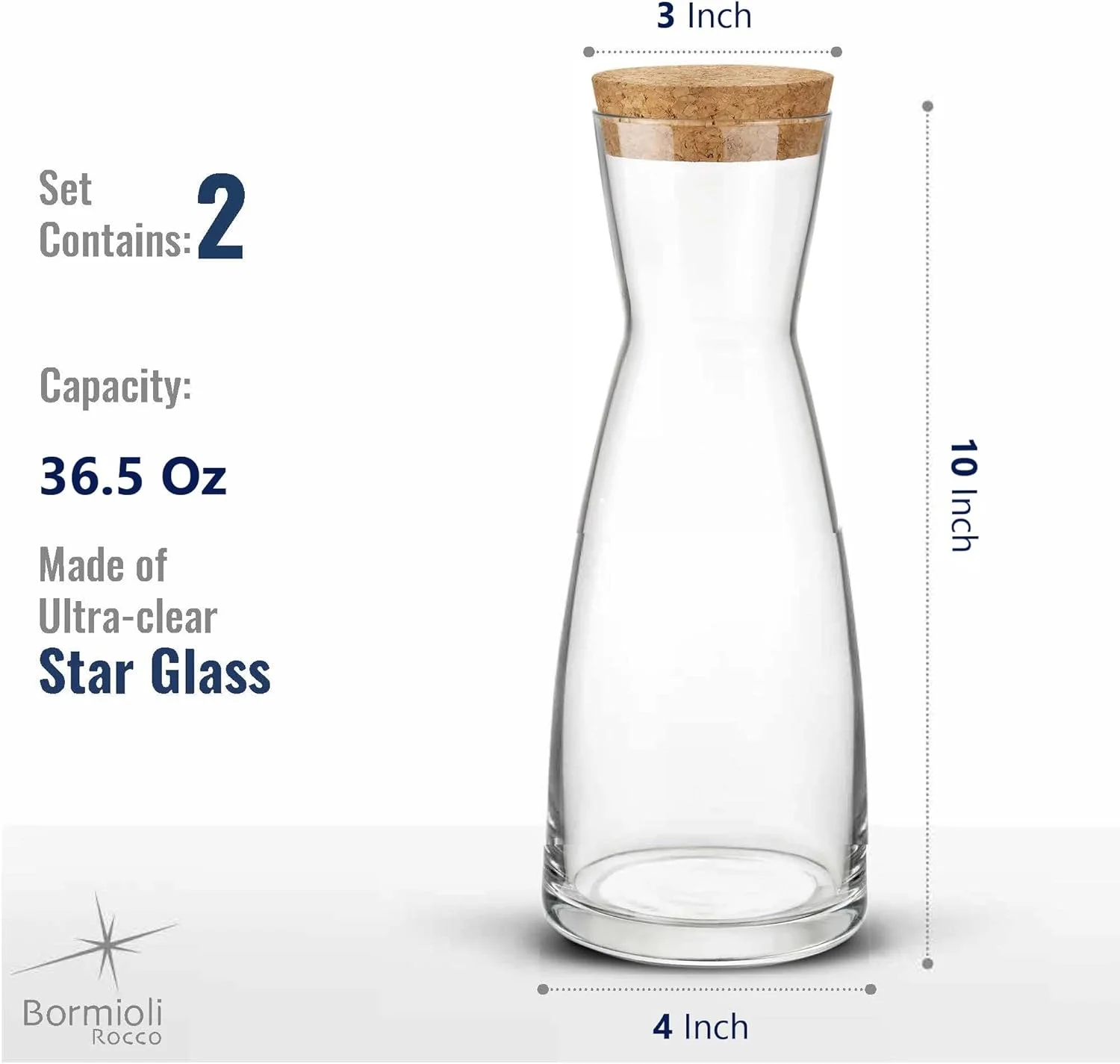 Bormioli Rocco Set Of 2 Ypsilon Carafe With Natural Cork Top Lid, 36.5 Oz. Star Glass Pitcher For Water, Juice, Ice Tea Or Wine.