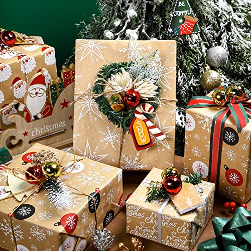 RUSPEPA Christmas Kraft Wrapping Paper - Owl, Reindeer, Christmas Ball and Text Design - 4 Rolls - 30 inches x 10 feet per Roll