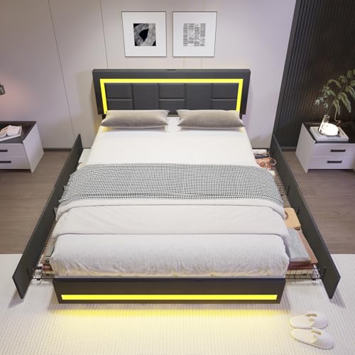 Queen LED Bed Frame with 4 Storage Drawers, Linen Upholstered Platform Bed Frame with LED Lights and Charging Station, Bed Frame with Adjustable Headboard, No Box Spring Needed, Grey