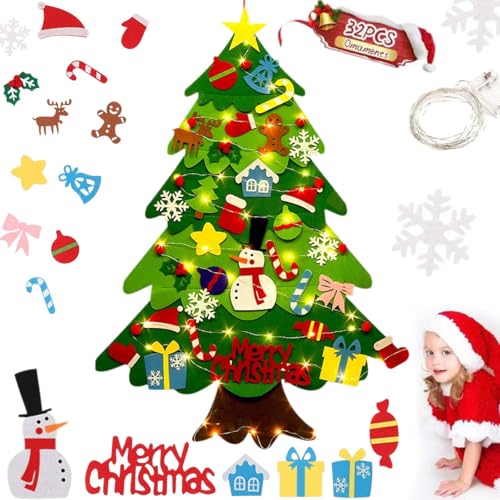 Montessori Felt Christmas Tree for Toddlers, 3ft DIY Felt Christmas Tree Set, Including 32 Decorative Items and LED Lights ， Suitable for bedrooms,Door Wall, Window Decor Hanging Decorations