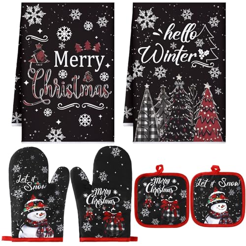 6 Pcs Christmas Kitchen Decor Set Gnomes Kitchen Towels Oven Mitts and Pot Holders Christmas Tree Truck Theme Dish Towels Oven Mitts and Pot Holders for Home Baking