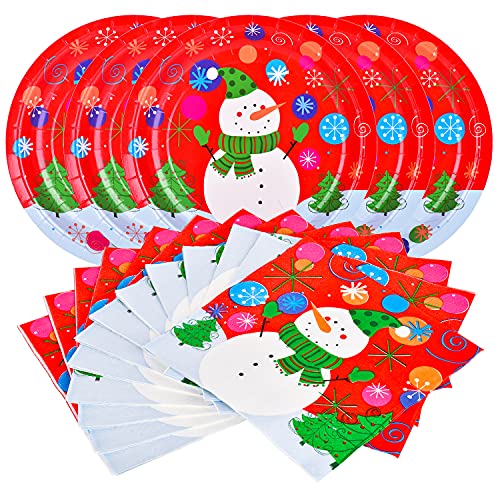 Gatherfun Christmas Party Supplies Christmas Snowman Disposable Paper Dinner Plates and Napkins for party decorations, Serve 50