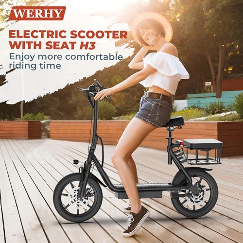 Electric Scooter with Seat, 500W Motor, 14'' Tires, Top Speed 22 mph, Max 27/49 Miles Ranges, Foldable E-Scooter with Suspension (27miles-Dual Brakes-Suspension-Lock-Backseat)