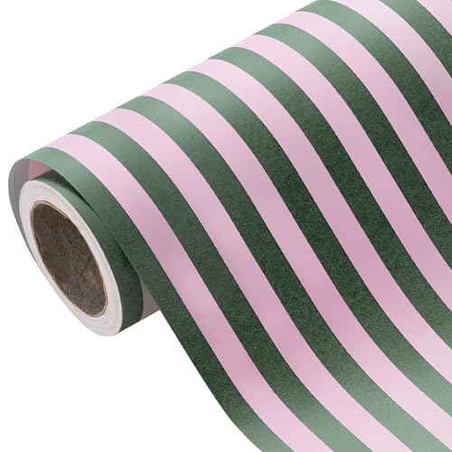 WRAPAHOLIC Kraft Wrapping Paper - Mini Roll - 17 Inch x 33 Feet - Green and Pink Stripe Wrapping Paper for Christmas, Birthday, Holiday, Wedding, Baby Shower