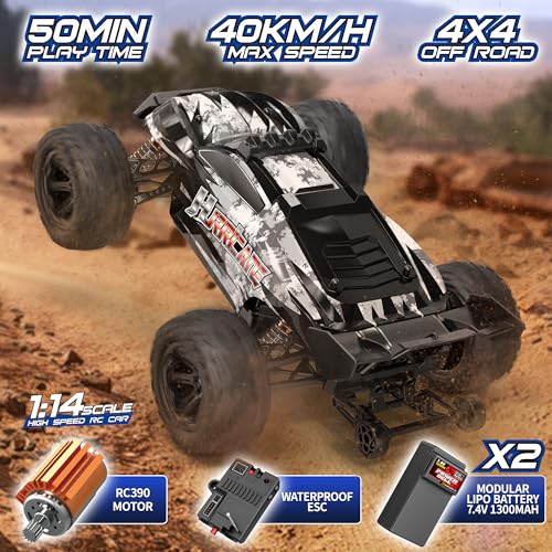 1:14 Scale All Terrain RC Cars for Adults & Boys (HS14323), Max Fast 40+ KPH, 4WD Off-Road RC Truck for Snow & Sand & Mud, 4X4 Waterproof Remote Control Car with 2 Rechargeable Batteries
