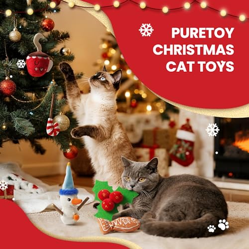Christmas Cat Toys - 5PCS Catnip Toys for Cats Christmas Theme, Cat Chew Toy with Silvervine Sticks for Cats Health, Durable Fleece Material Snowman, Gingerbread, Cane, Coffee, Holly Berry