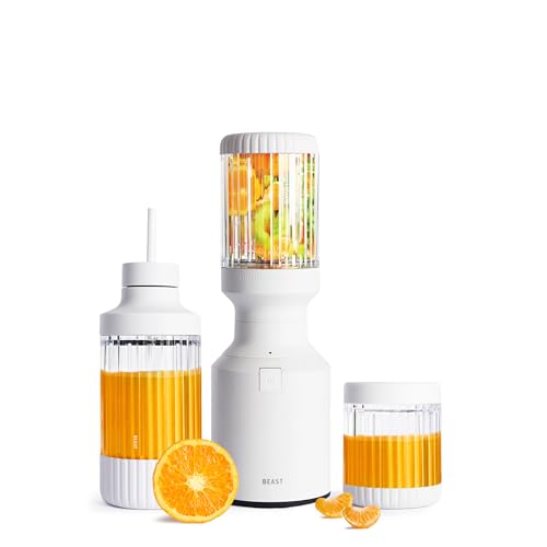 The Beast Mini Blender Plus | Mini Countertop Kitchen Blender | Blend Smoothies and Shakes, Dressings, Sauces, Dips | Extra Vessels, Straw Cap and Straws Included | 600W (Cloud White)