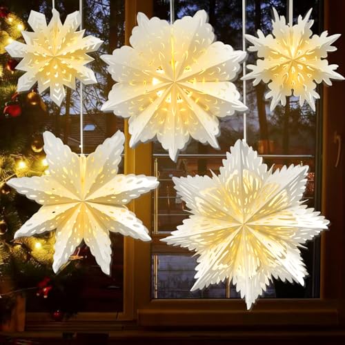 5 Pack Paper Snowflake Lanterns, Christmas Paper Star Lantern with Lights, 13/17 Inch 3D Hanging Lantern Lamp for Xmas Tree New Year Winter Frozen Weddings Birthday Holiday Party Decorations