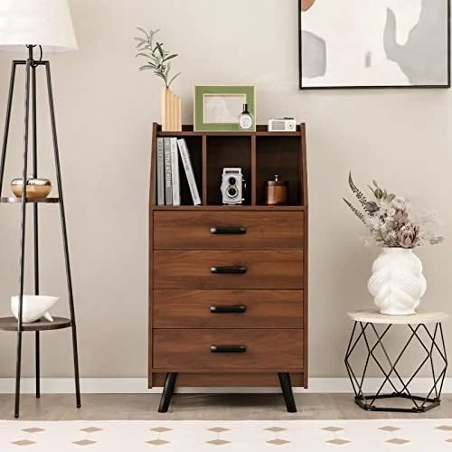 GEROBOOM 4 Drawer Dresser for Bedroom  Modern Chest of Drawers with Bookshelf  Wood Dressers & Chests of Drawers  Small Drawers for Bedroom  Living Room  Entryway  Home Office (Natura
