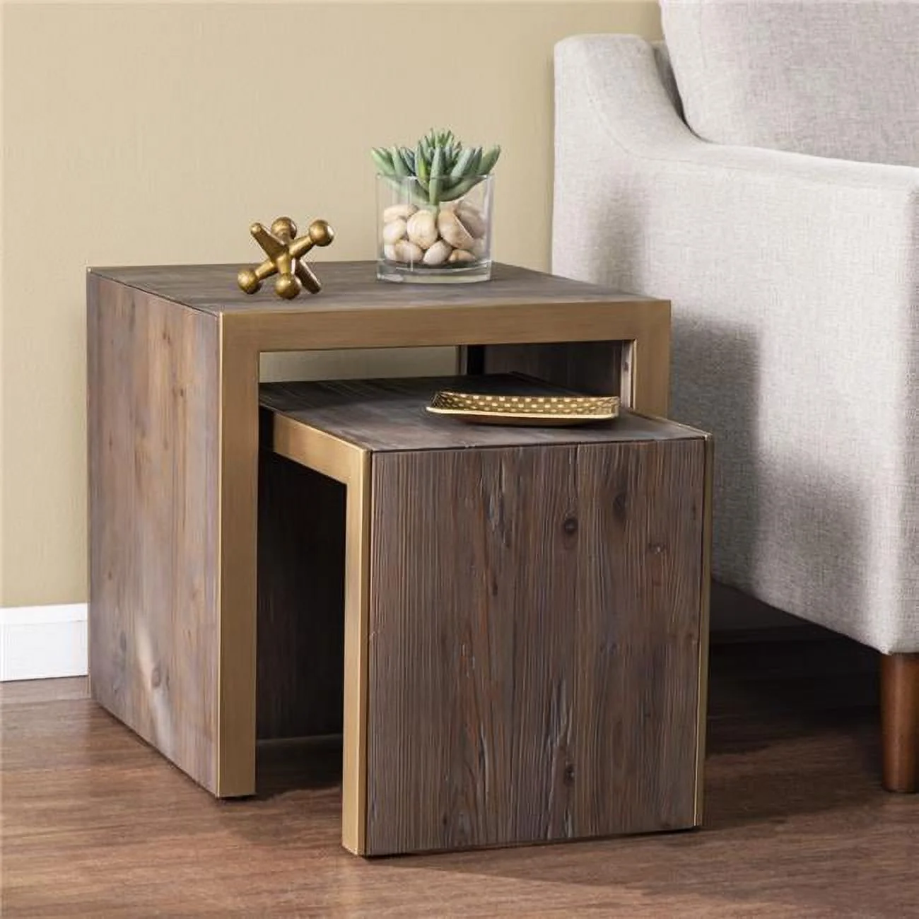 HomeRoots 402289 19 in. Solid Wood & Gold Chunky Nested End Tables, Gray - Set of 2