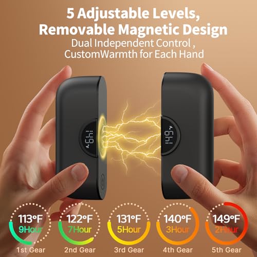 yAyusi Magnetic Rechargeable Hand Warmers 2 Pack, 9000mAh Pocket Portable Electric Hand Warmers with Power Bank Function, LED Display, 5 Heating Fast Heating Levels, Travel Essentials