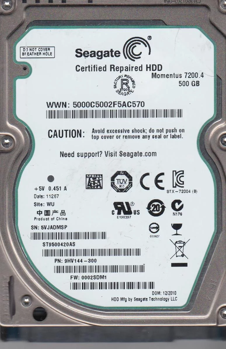 ST9500420AS, 5VJ, WU, PN 9HV144-300, FW 0002SDM1, Seagate 500GB SATA 2.5 Hard Drive