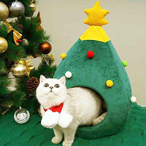 Christmas Cat Beds, Christmas Tree Cat Beds House, Portable Indoor Cat Igloo Xmas Bed Cave for Small Dogs and Small Animals, Green