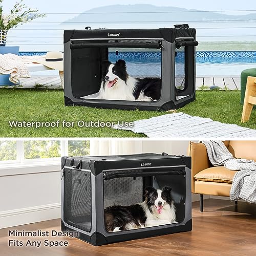 Lesure Soft Collapsible Dog Crate - 42 Inch Portable Travel Crate for Extra Large Dogs Indoor & Outdoor, 4-Door Foldable Pet Kennel with Durable Mesh Windows, Black