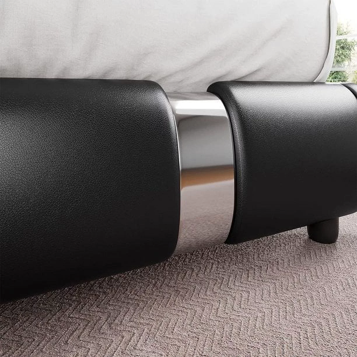 Homfa King Size Leather Bed Frame, Modern Upholstered Adjustable Headboard with Mirror Decor, Black