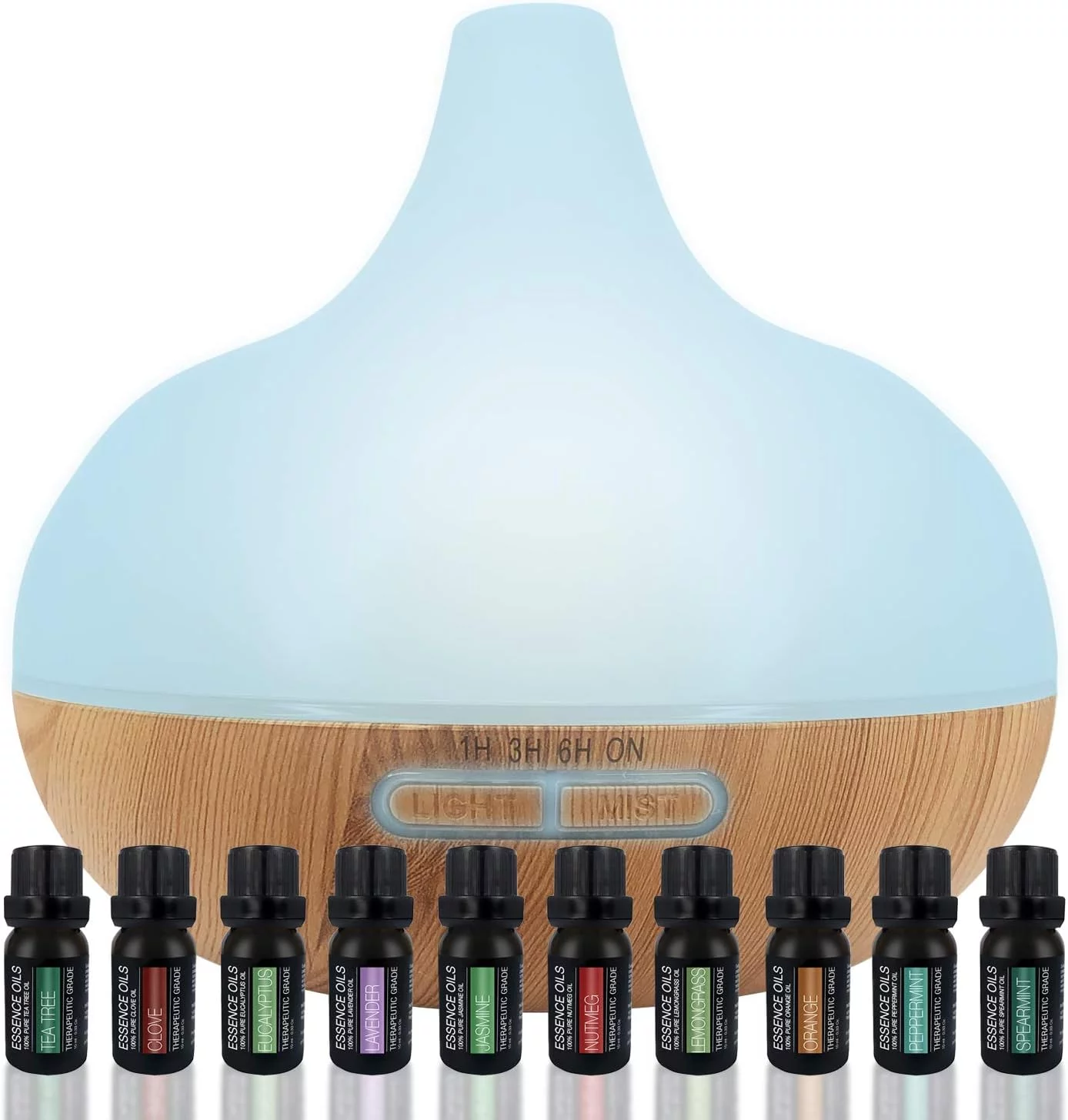 Pure Daily Care 300 ml Aromatherapy Diffuser & 10 Therapeutic Grade Essential Oil Set, Triangle Light Brown