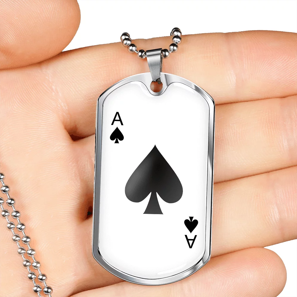 Ace of Spades White Gambler Necklace Stainless Steel or 18k Gold Dog Tag 24