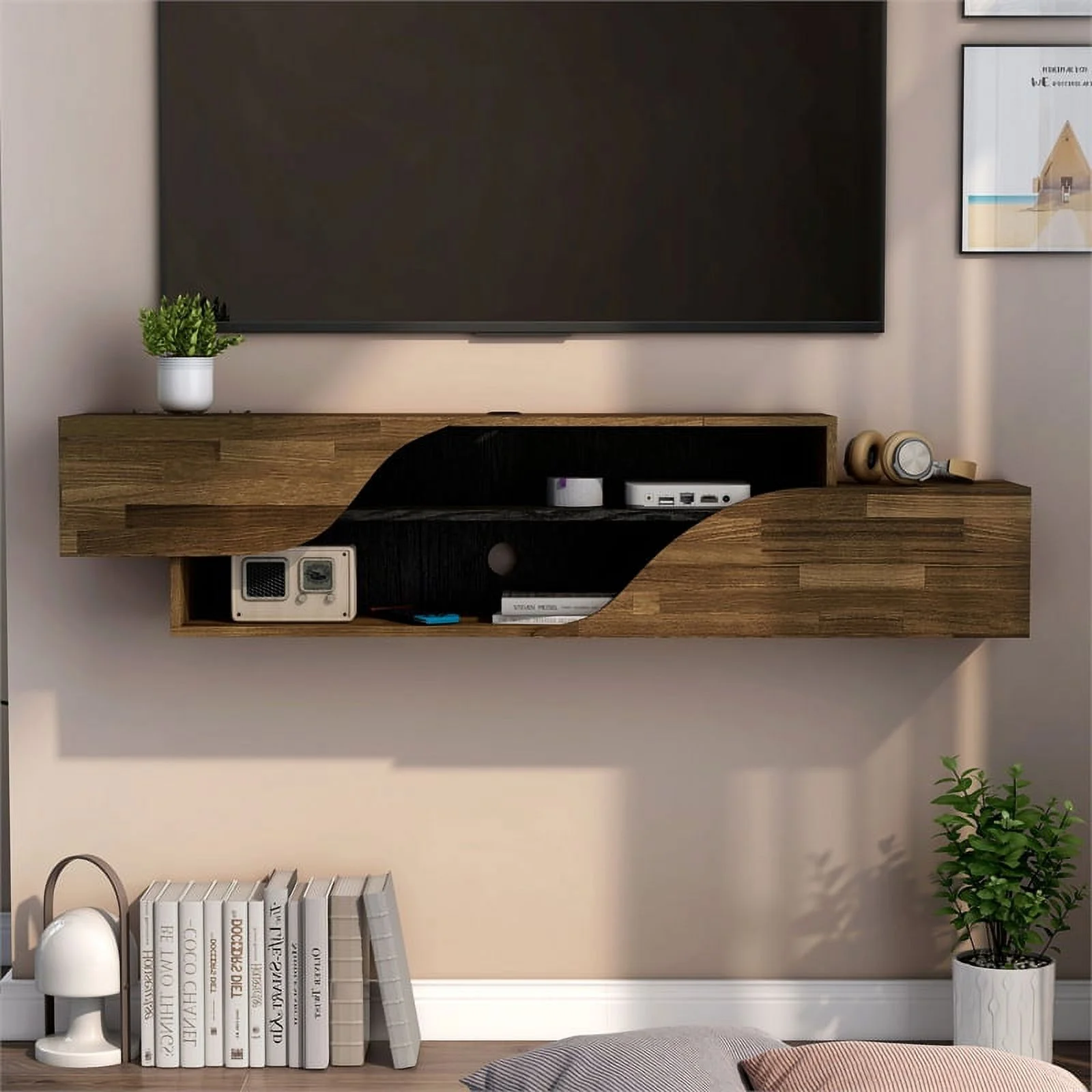 Furniture of America Hart Wood 2-Shelf Floating TV Console in Brown Hickory