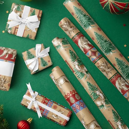 RUSPEPA Christmas Kraft Wrapping Paper - Owl, Reindeer, Christmas Ball and Text Design - 4 Rolls - 30 inches x 10 feet per Roll
