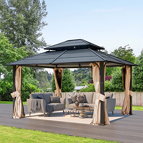 EROMMY 12'x20' Hardtop Gazebo Double Roof Galvanized Steel Canopy Outdoor Aluminum Frame Permanent Metal Pavilion with Netting and Curtains for Patio Backyard Deck and Lawns