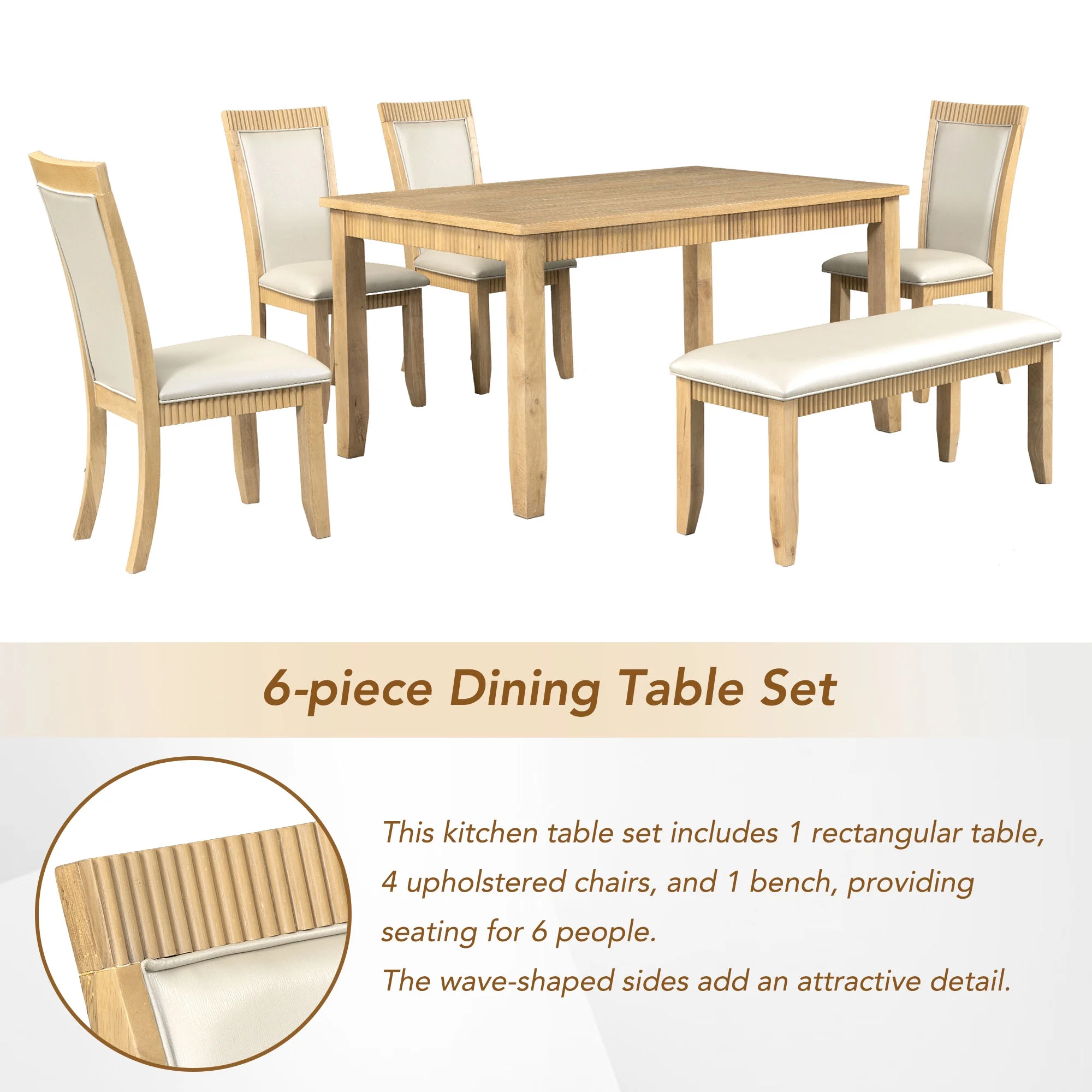 CoSoTower Rustic Solid Wood 6-Piece Dining Table Set, PU Leather Upholstered Chairs and Bench, Natural Wood Wash
