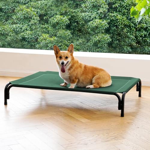 Elevated Dog Bed Raised Outdoor Dog Cot for Medium Dogs, Installation Requires No Tools, Frame with Washable Cooling Breathable Mesh Anti-Slip Feet, Indoor Pet Bed, Grey, 35.4 Inches