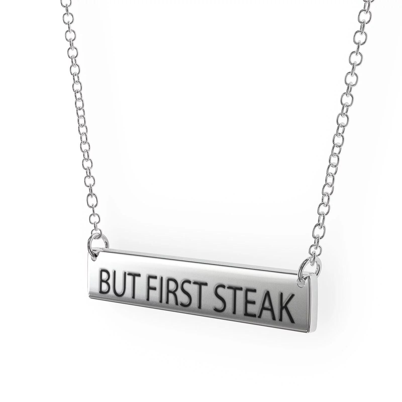 But First Steak Women's Bar Pendant Necklace Sterling Sliver