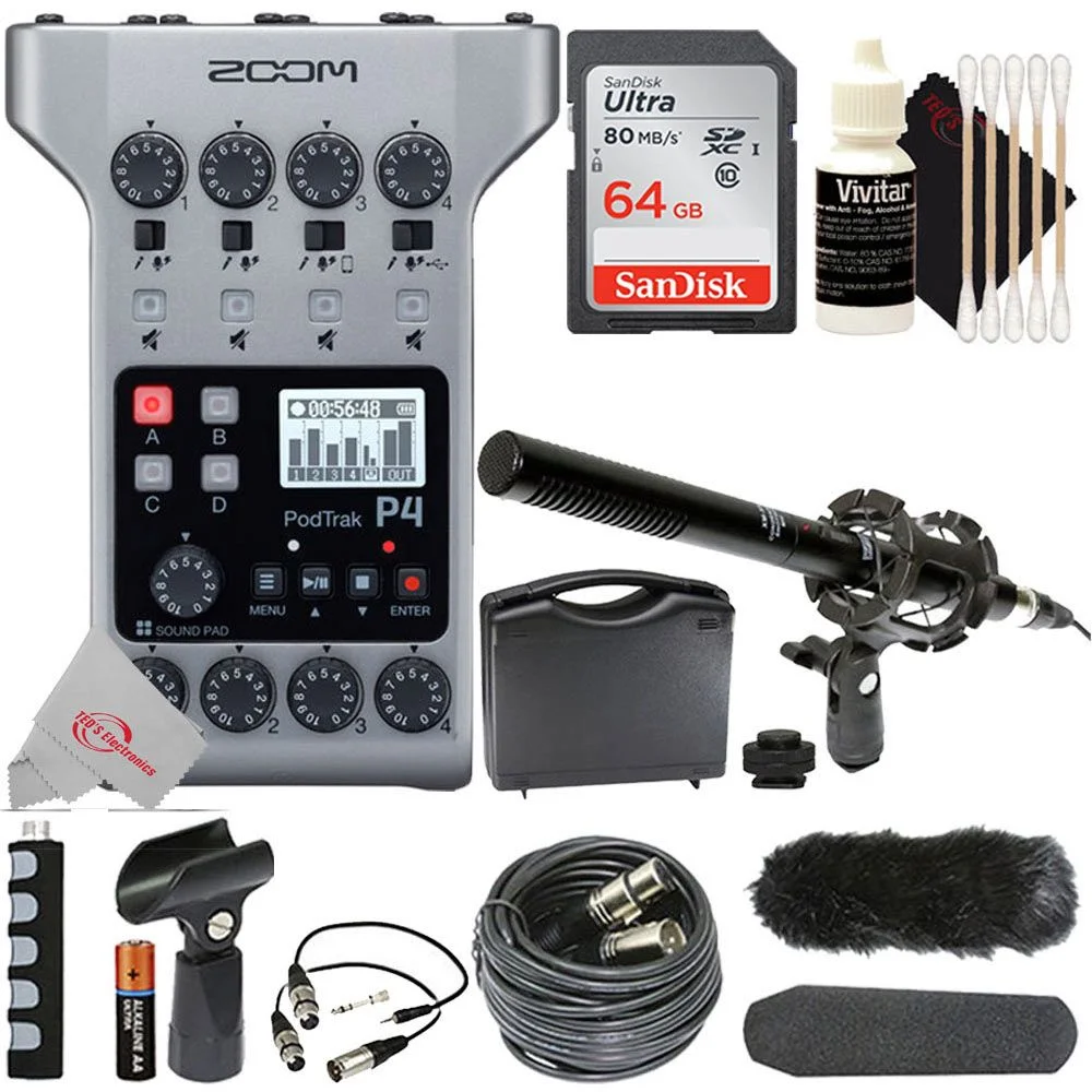 Zoom PodTrak P4 Multitrack Podcast Recorder with Shotgun Microphone Kit