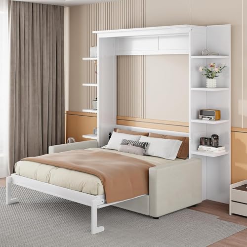 Queen Murphy Bed with Couch and Storage Shelves,Wood Murphy Bed Cabinet with Storage Shelves and Sofa,Folding Murphy Wall Bed Queen Size (Grey)