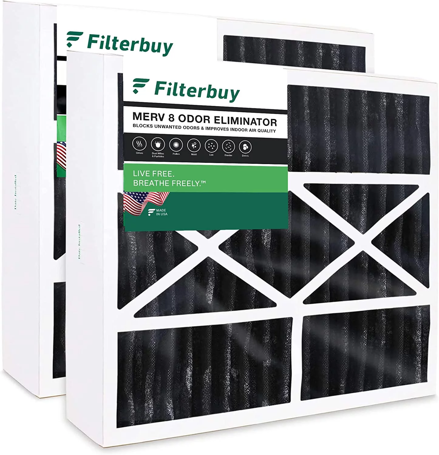 Filterbuy 16x25x5 MERV 8 Odor Eliminator Pleated HVAC AC Furnace Air Filters with Activated Carbon for Honeywell FC100A1029, Lennox X6670, Carrier, Bryant, & More (2-Pack)