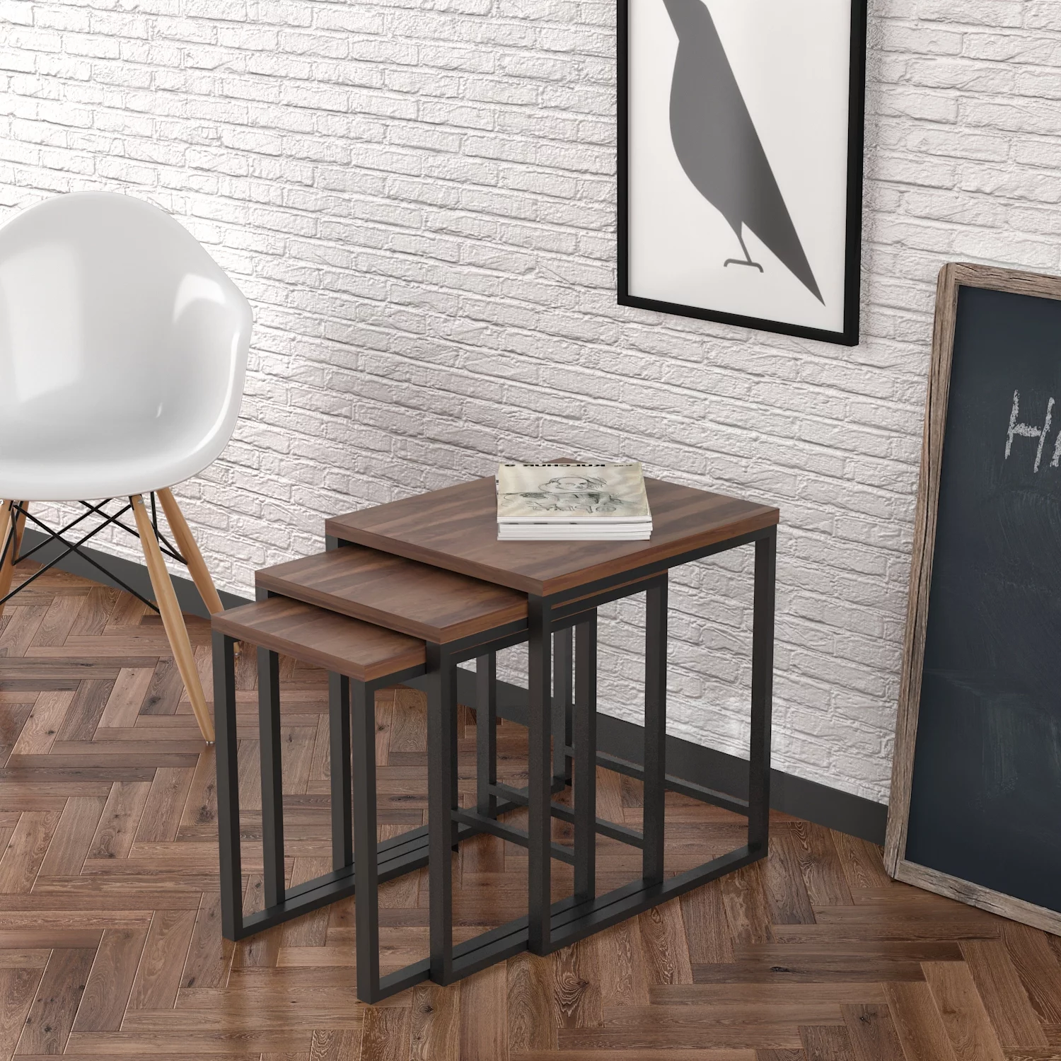 Ela 3 pcs nesting table, metal legs with wood top, Walnut