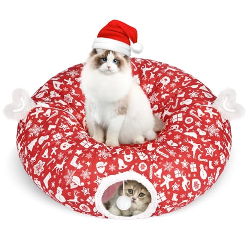 Cat Tunnel Bed Christmas Tree Skirt for Indoor Cats, Maansfy Large Peekaboo Cat Cave Decorative Christmasn Donut Tunnel Tube Playground Toys for Kitten Medium Large Cat (Red)